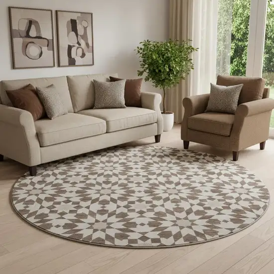 8' Brown And Ivory Geometric Washable Round Rug With UV Protection Photo 1