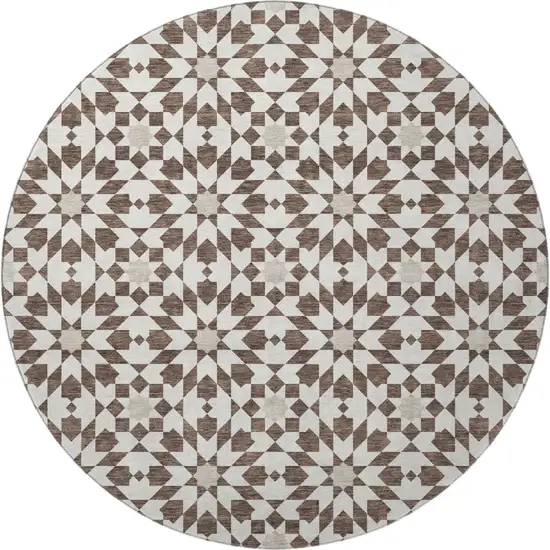 8' Brown And Ivory Geometric Washable Round Rug With UV Protection Photo 4