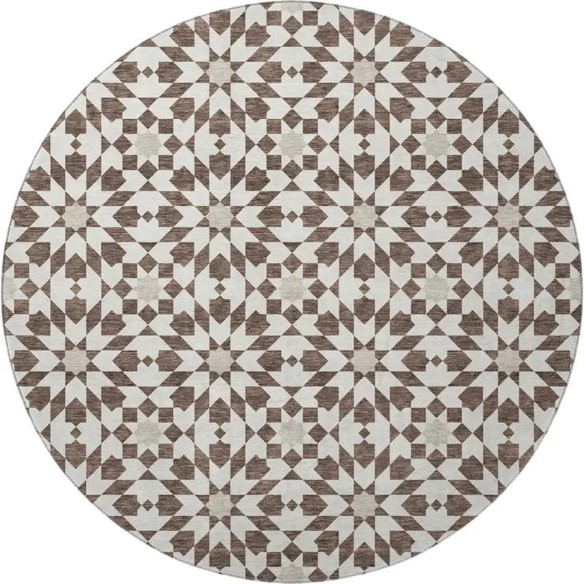 8' Brown And Ivory Geometric Washable Round Rug With UV Protection Photo 4