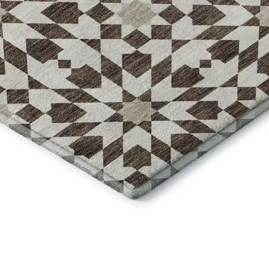 8' Brown And Ivory Geometric Washable Round Rug With UV Protection Photo 7