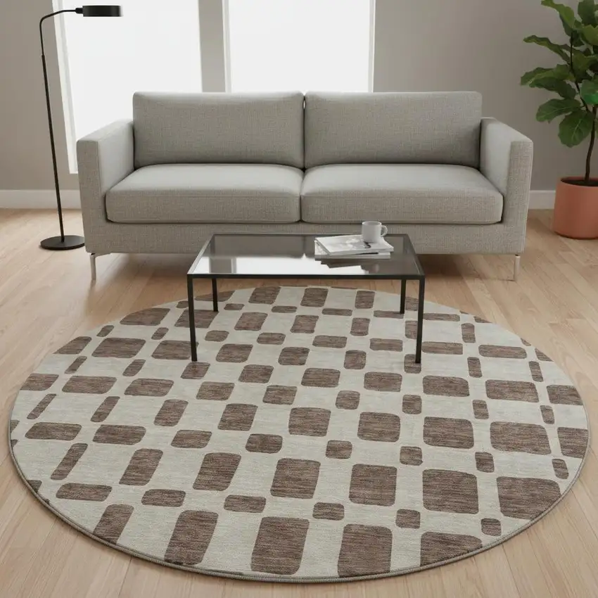 8' Brown And Ivory Geometric Washable Round Rug With UV Protection Photo 2