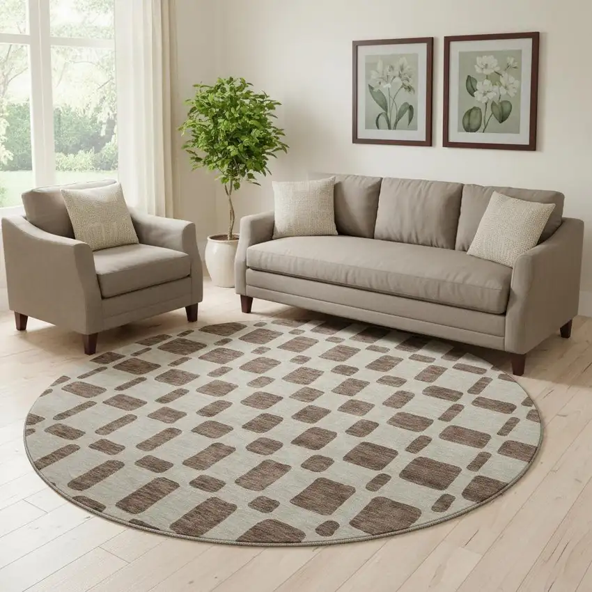 8' Brown And Ivory Geometric Washable Round Rug With UV Protection Photo 1