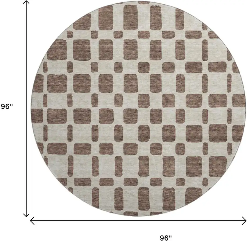 8' Brown And Ivory Geometric Washable Round Rug With UV Protection Photo 8