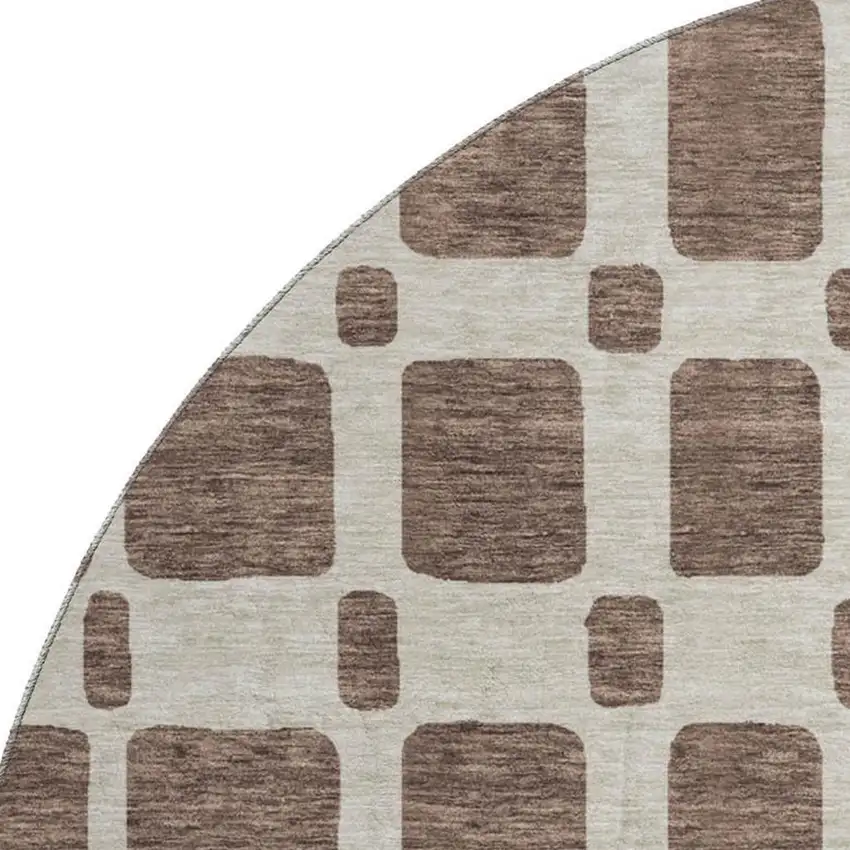 8' Brown And Ivory Geometric Washable Round Rug With UV Protection Photo 3