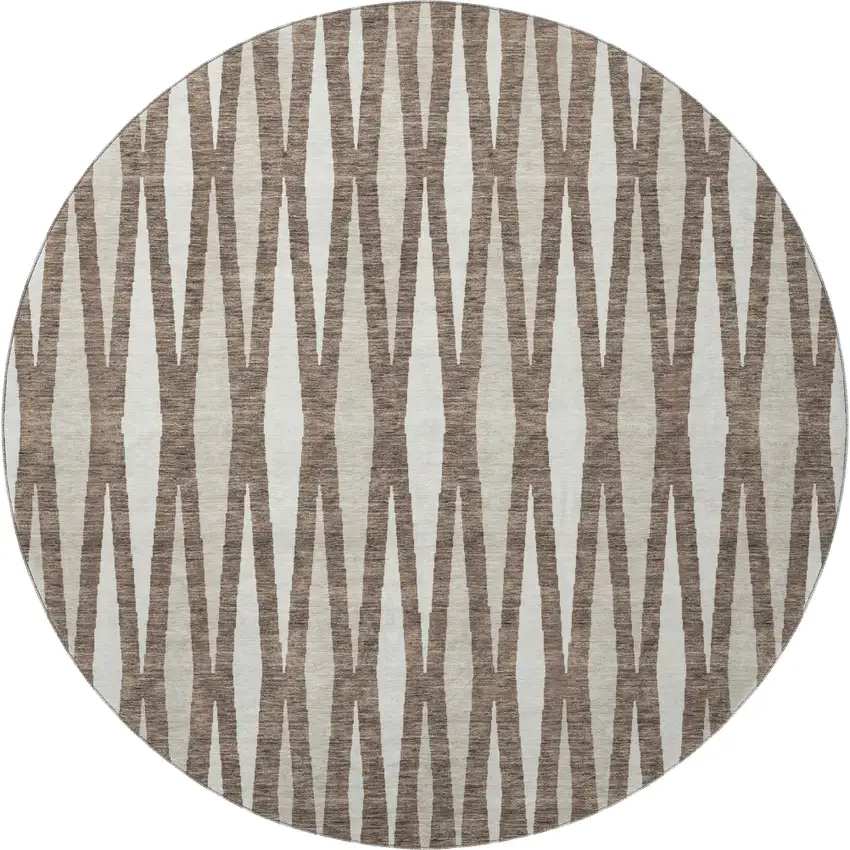 8' Brown And Ivory Geometric Washable Round Rug With UV Protection Photo 4