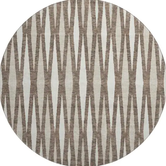 8' Brown And Ivory Geometric Washable Round Rug With UV Protection Photo 3