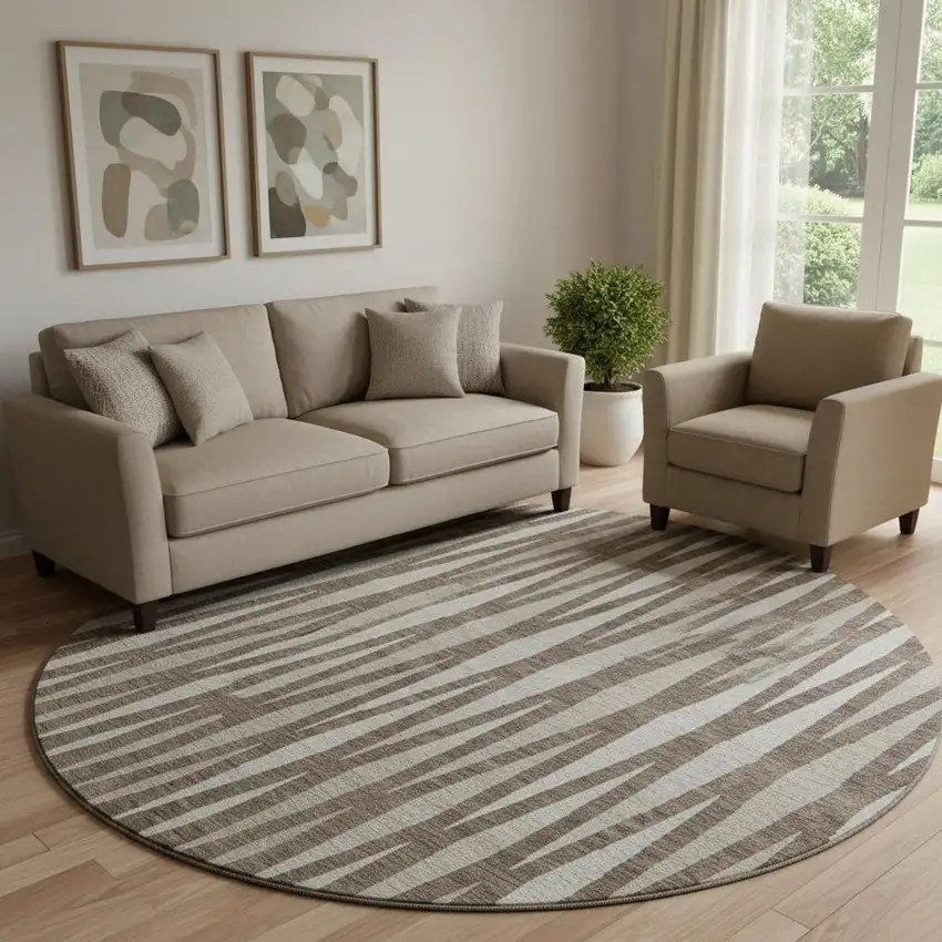 8' Brown And Ivory Geometric Washable Round Rug With UV Protection Photo 1