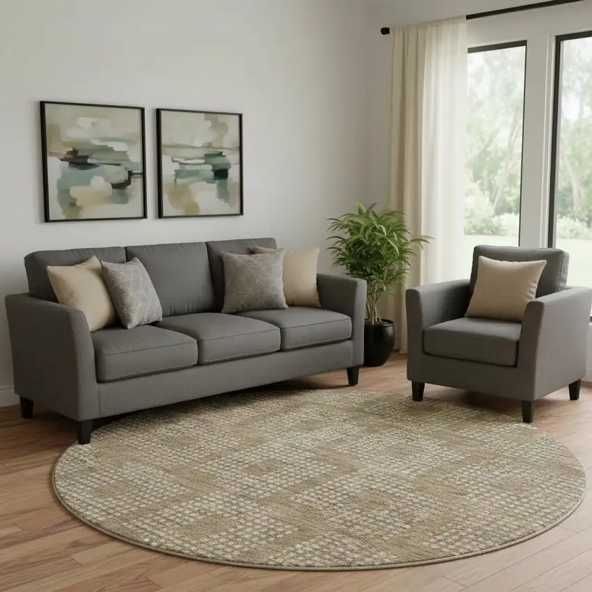 8' Brown And Ivory Geometric Washable Round Rug With UV Protection Photo 1