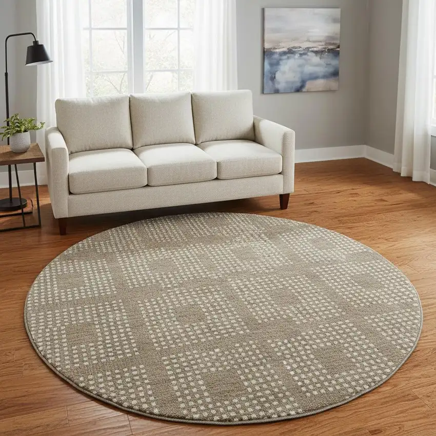 8' Brown And Ivory Geometric Washable Round Rug With UV Protection Photo 2