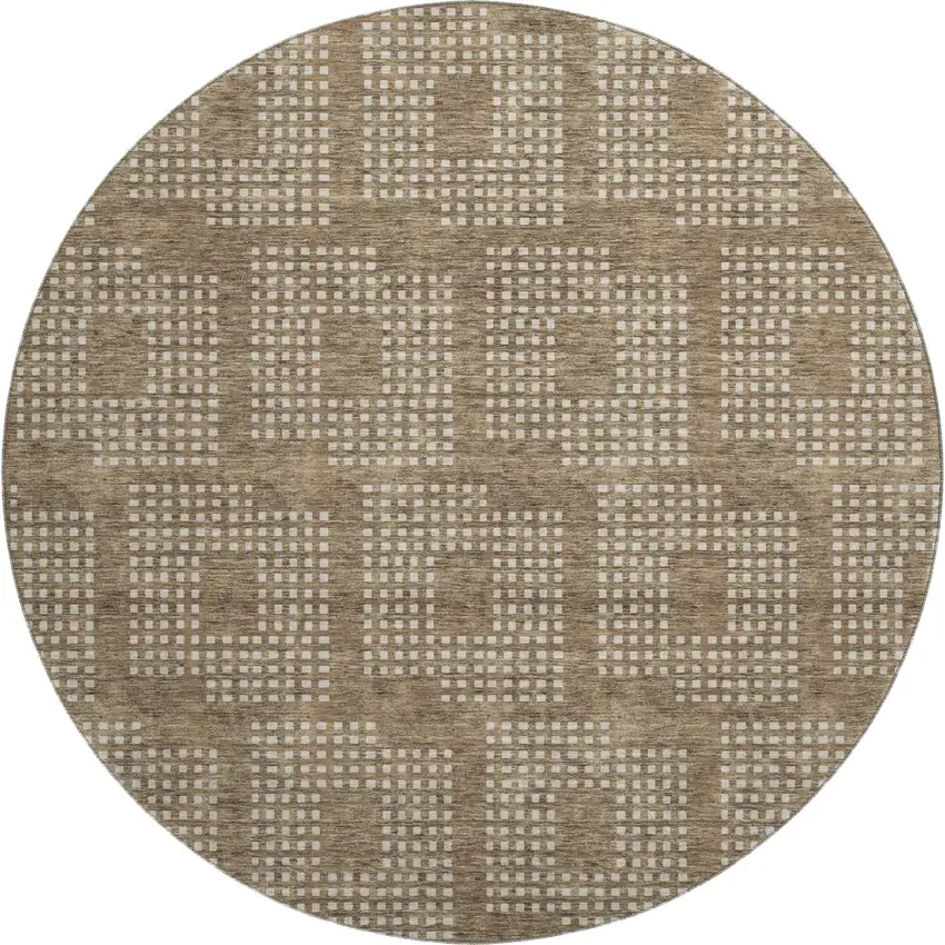 8' Brown And Ivory Geometric Washable Round Rug With UV Protection Photo 1