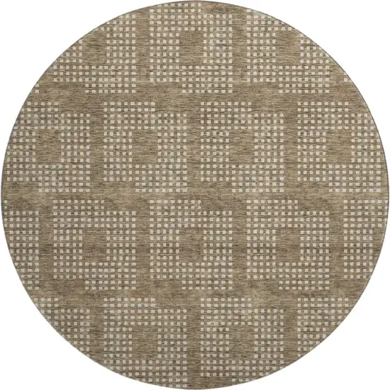 8' Brown And Ivory Geometric Washable Round Rug With UV Protection Photo 1