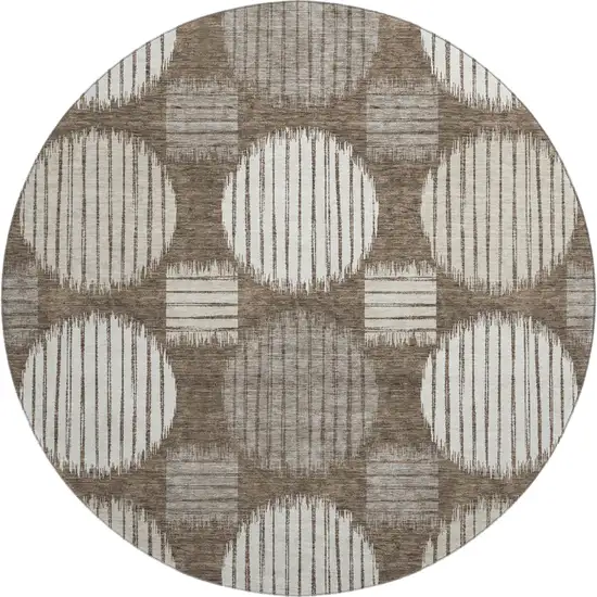 8' Brown And Ivory Geometric Washable Round Rug With UV Protection Photo 1