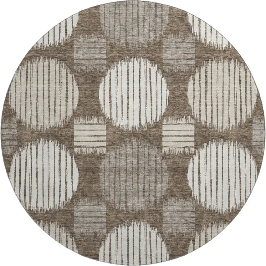 8' Brown And Ivory Geometric Washable Round Rug With UV Protection Photo 1