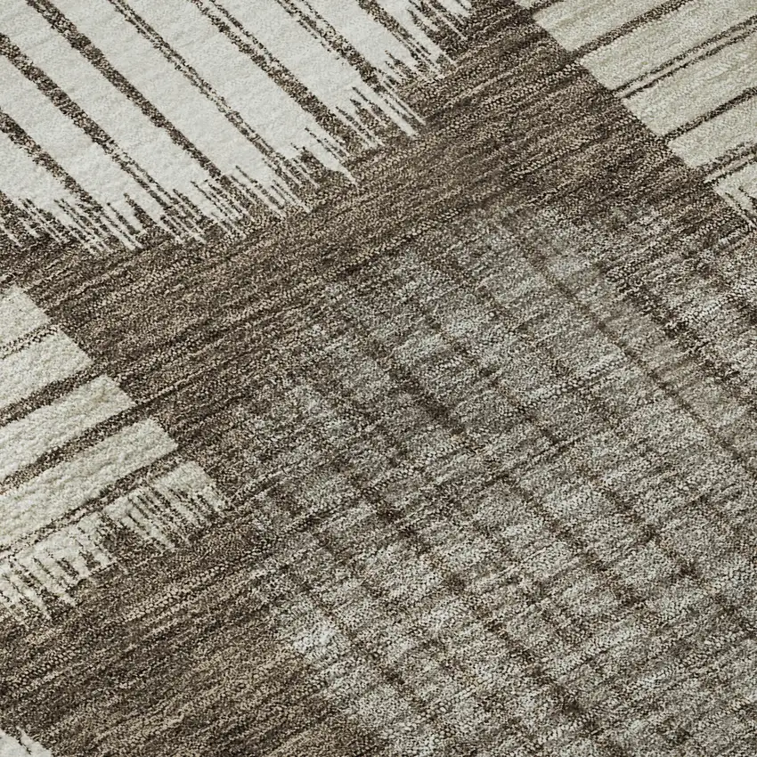 8' Brown And Ivory Geometric Washable Round Rug With UV Protection Photo 9