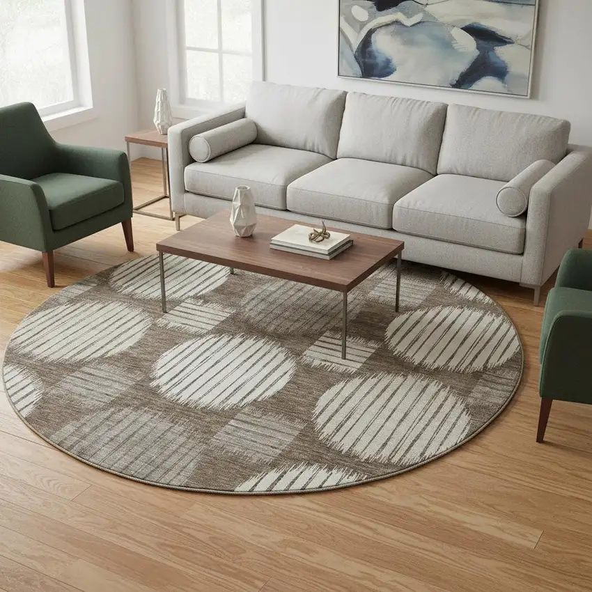 8' Brown And Ivory Geometric Washable Round Rug With UV Protection Photo 2