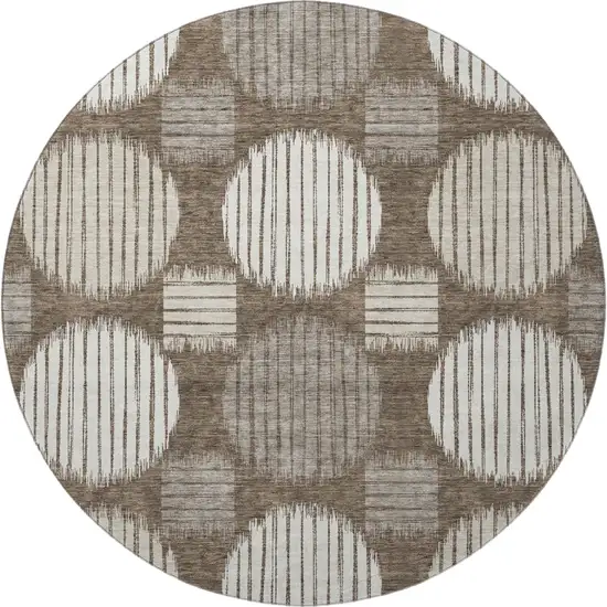 8' Brown And Ivory Geometric Washable Round Rug With UV Protection Photo 4