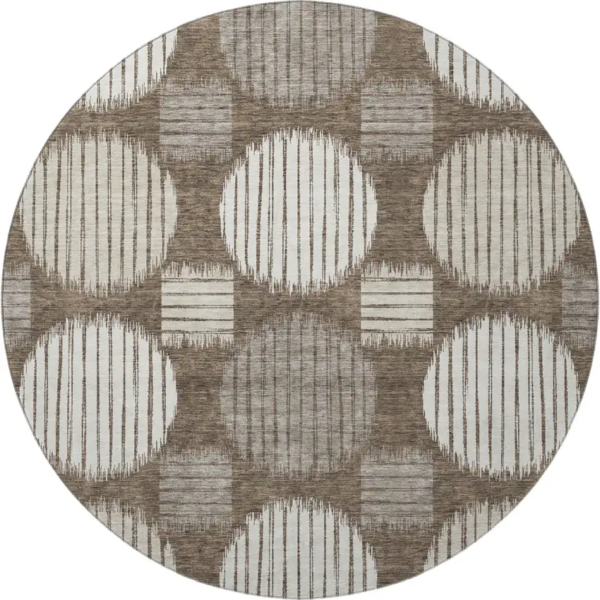 8' Brown And Ivory Geometric Washable Round Rug With UV Protection Photo 4