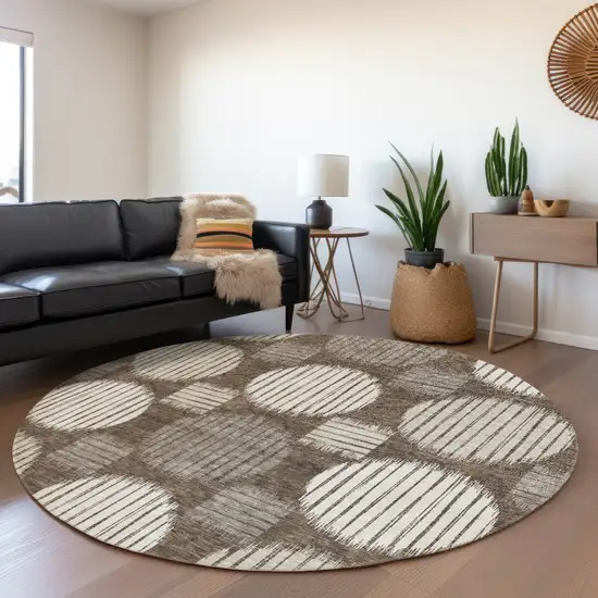 8' Brown And Ivory Geometric Washable Round Rug With UV Protection Photo 5