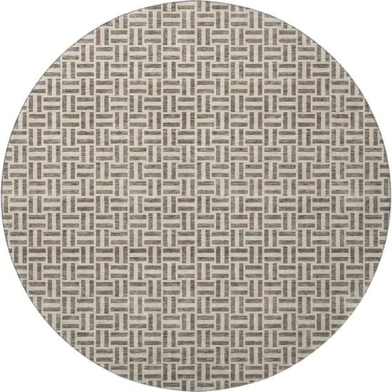 8' Brown And Ivory Geometric Washable Round Rug With UV Protection Photo 4