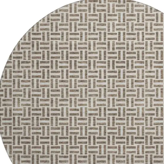 8' Brown And Ivory Geometric Washable Round Rug With UV Protection Photo 3