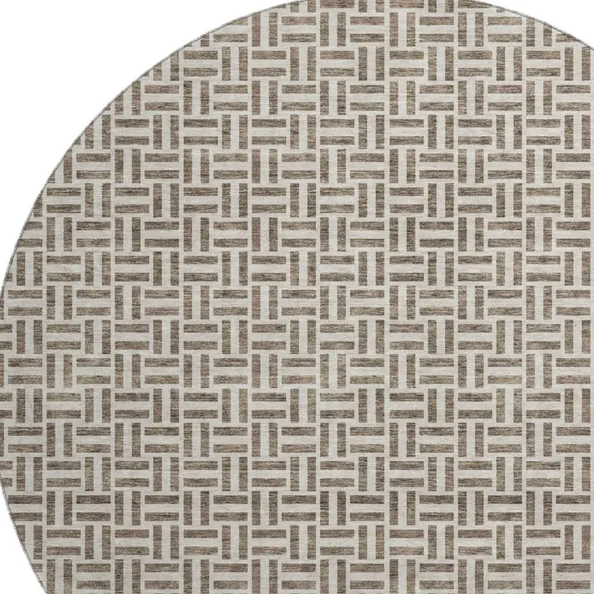 8' Brown And Ivory Geometric Washable Round Rug With UV Protection Photo 3