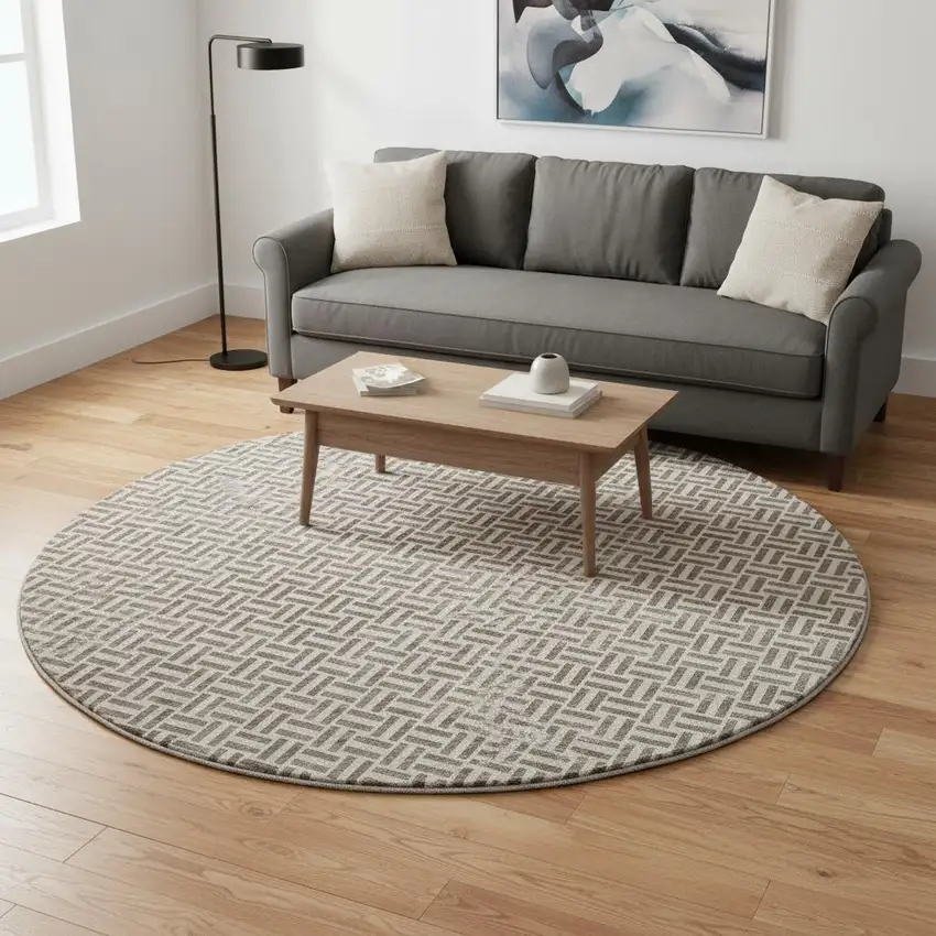 8' Brown And Ivory Geometric Washable Round Rug With UV Protection Photo 2