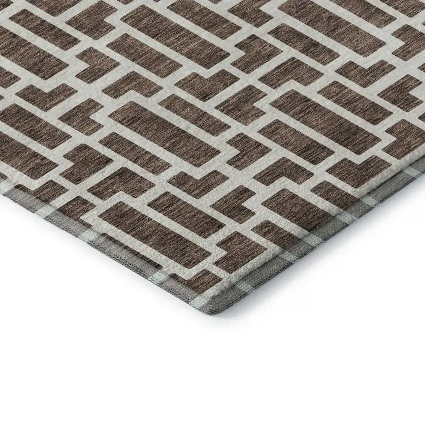 8' Brown And Ivory Geometric Washable Round Rug With UV Protection Photo 7