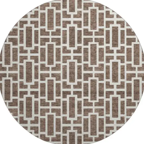 8' Brown And Ivory Geometric Washable Round Rug With UV Protection Photo 4