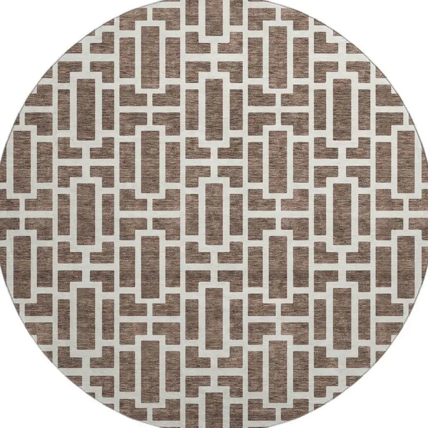 8' Brown And Ivory Geometric Washable Round Rug With UV Protection Photo 4