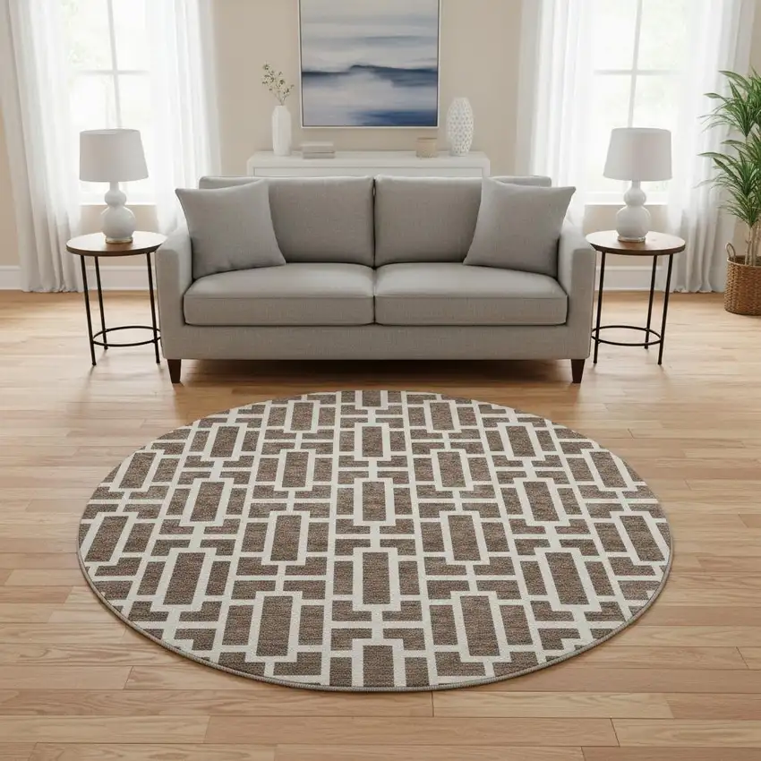 8' Brown And Ivory Geometric Washable Round Rug With UV Protection Photo 2