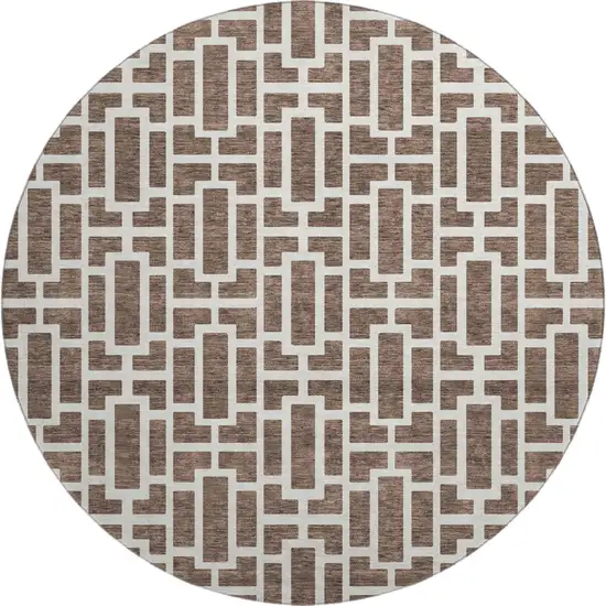 8' Brown And Ivory Geometric Washable Round Rug With UV Protection Photo 1