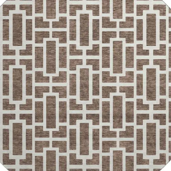 8' Brown And Ivory Geometric Washable Round Rug With UV Protection Photo 3