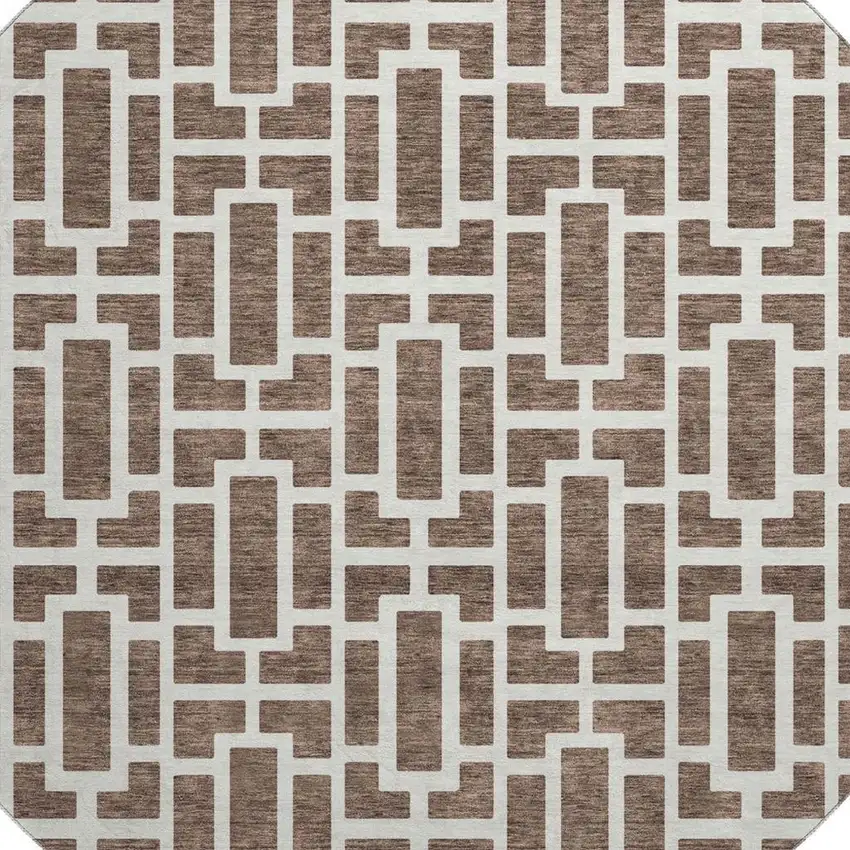 8' Brown And Ivory Geometric Washable Round Rug With UV Protection Photo 3