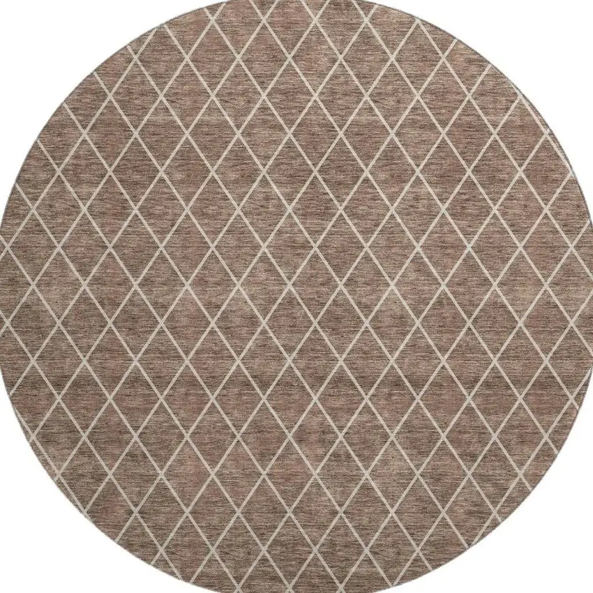 8' Brown And Ivory Geometric Washable Round Rug With UV Protection Photo 2