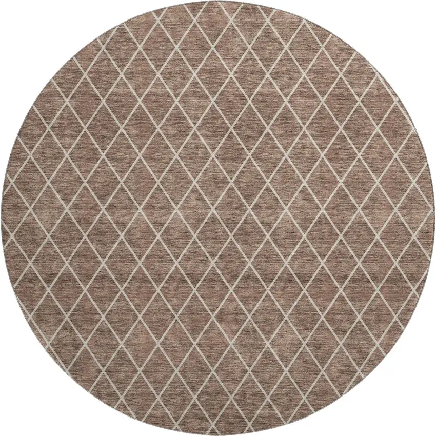 8' Brown And Ivory Geometric Washable Round Rug With UV Protection Photo 1