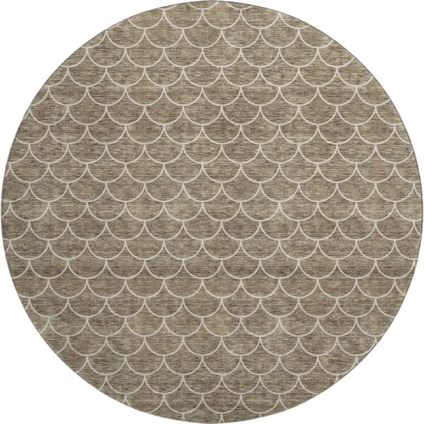 8' Brown And Ivory Geometric Washable Round Rug With UV Protection Photo 1
