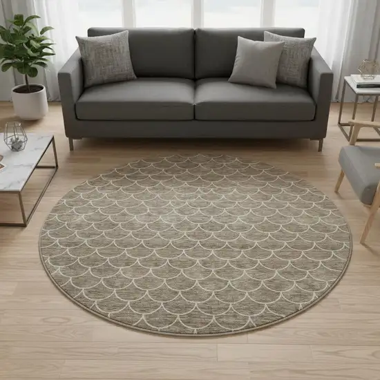 8' Brown And Ivory Geometric Washable Round Rug With UV Protection Photo 2