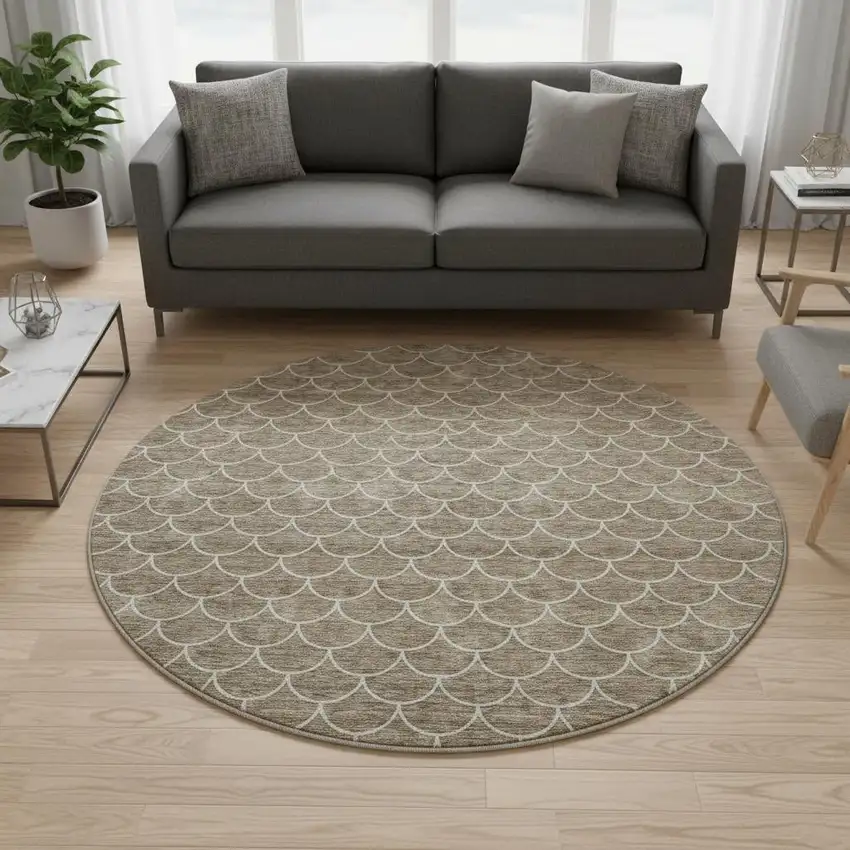 8' Brown And Ivory Geometric Washable Round Rug With UV Protection Photo 2