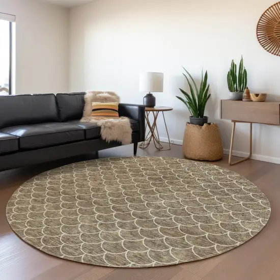 8' Brown And Ivory Geometric Washable Round Rug With UV Protection Photo 4