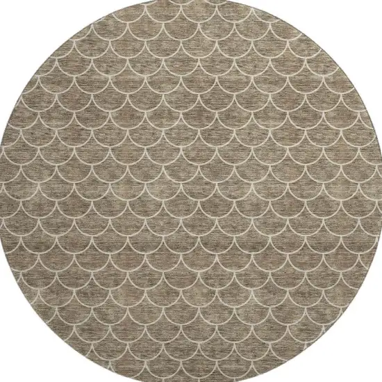 8' Brown And Ivory Geometric Washable Round Rug With UV Protection Photo 3