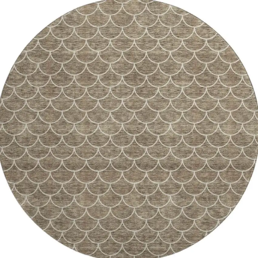 8' Brown And Ivory Geometric Washable Round Rug With UV Protection Photo 3