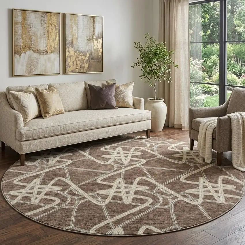 8' Brown And Ivory Geometric Washable Round Rug With UV Protection Photo 1