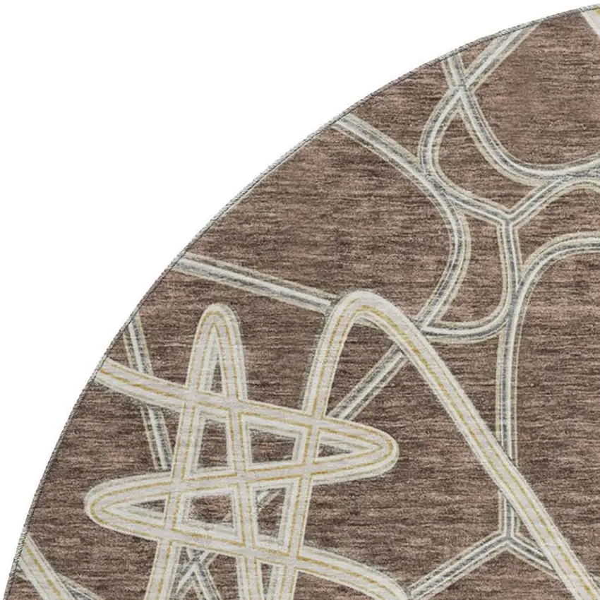 8' Brown And Ivory Geometric Washable Round Rug With UV Protection Photo 2