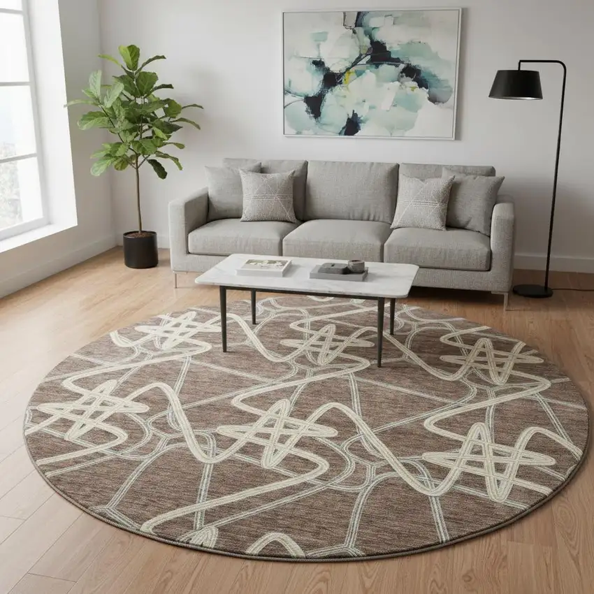 8' Brown And Ivory Geometric Washable Round Rug With UV Protection Photo 2