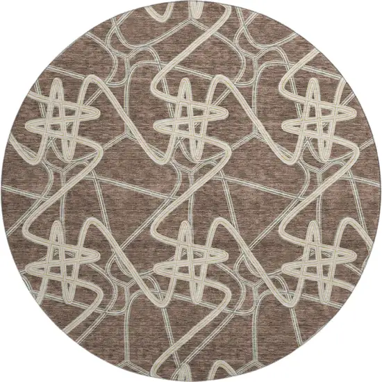 8' Brown And Ivory Geometric Washable Round Rug With UV Protection Photo 1