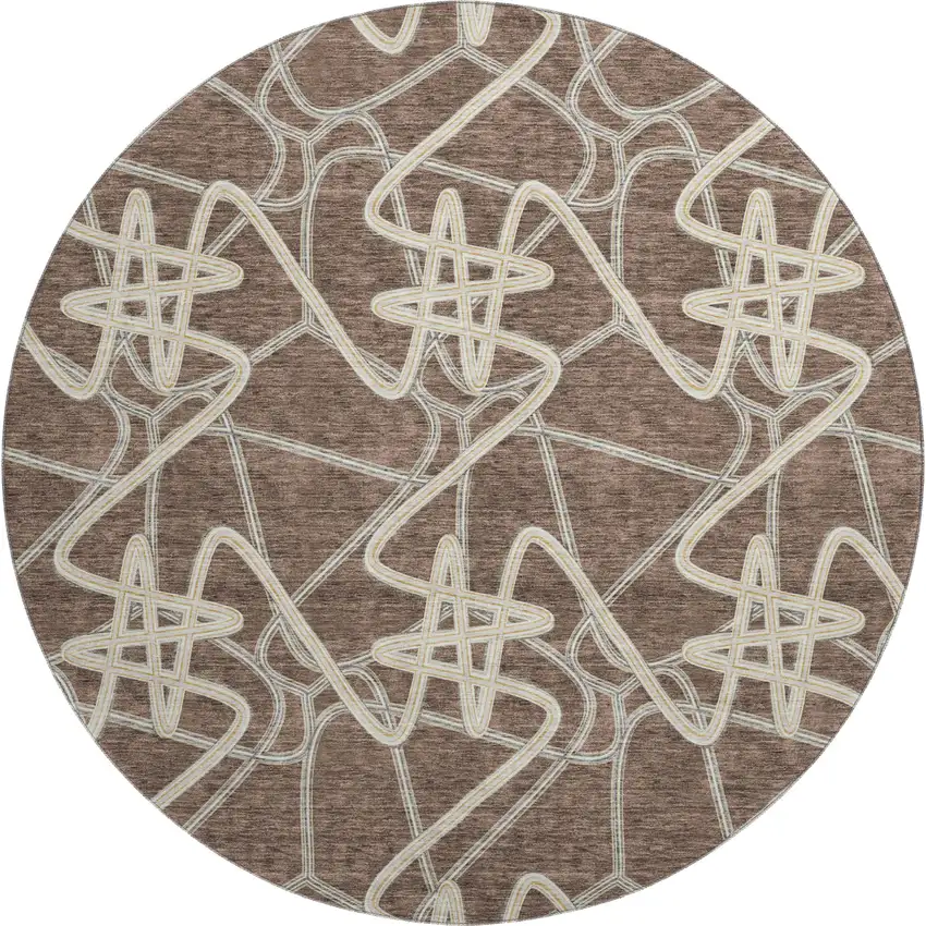 8' Brown And Ivory Geometric Washable Round Rug With UV Protection Photo 1