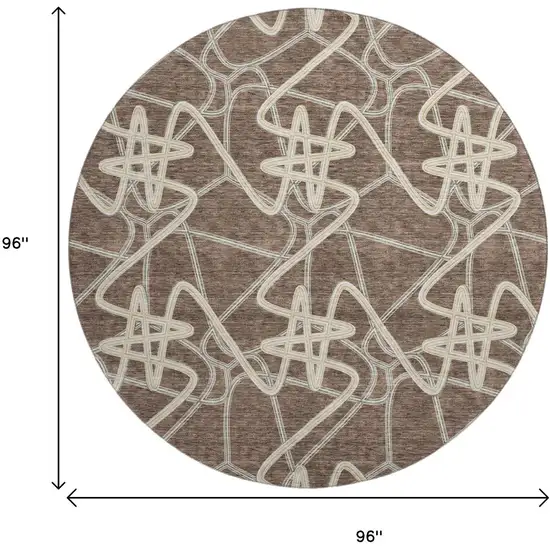 8' Brown And Ivory Geometric Washable Round Rug With UV Protection Photo 9