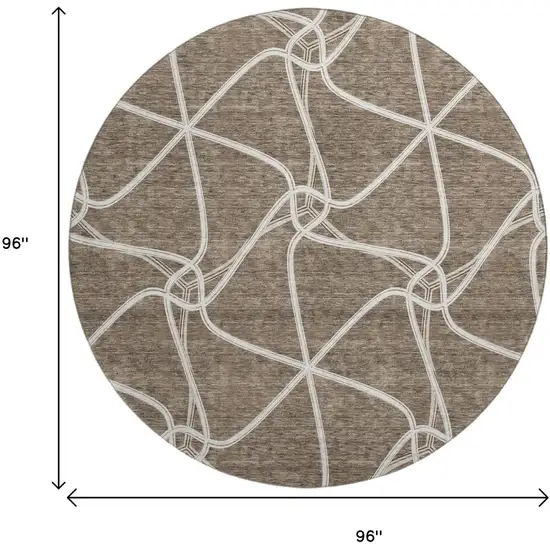 8' Brown And Ivory Geometric Washable Round Rug With UV Protection Photo 9