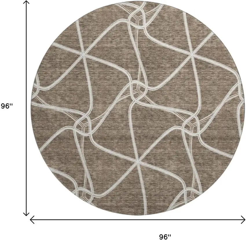 8' Brown And Ivory Geometric Washable Round Rug With UV Protection Photo 9