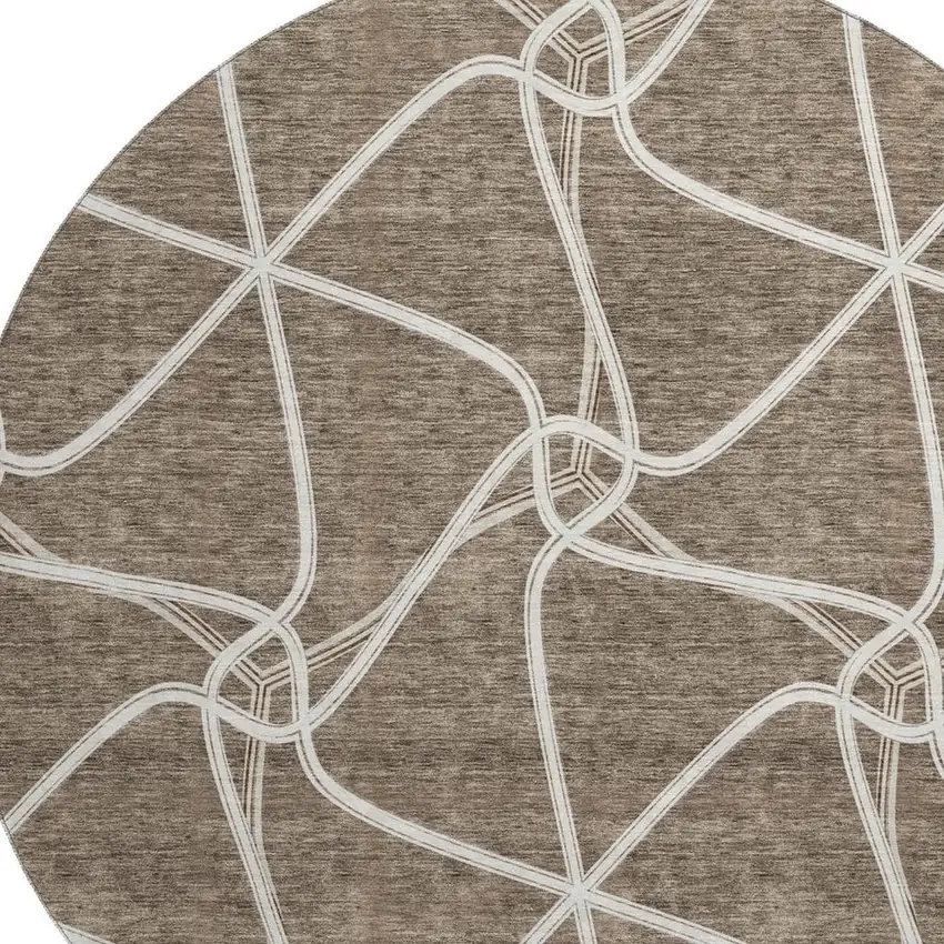 8' Brown And Ivory Geometric Washable Round Rug With UV Protection Photo 2